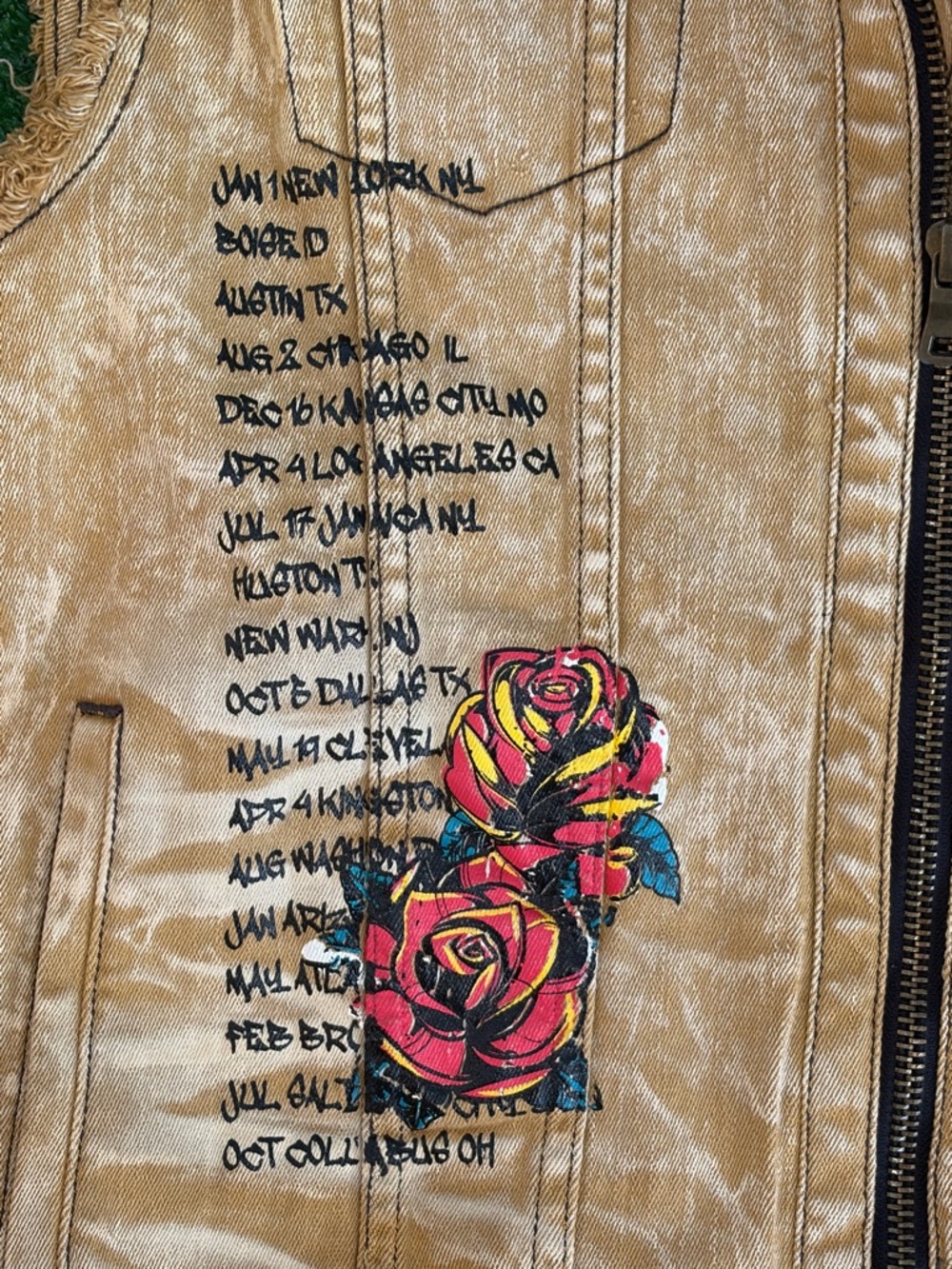 Sleeveless Distressed Denim Vest with Rose Graphic - Tan - Picture 2 of 5